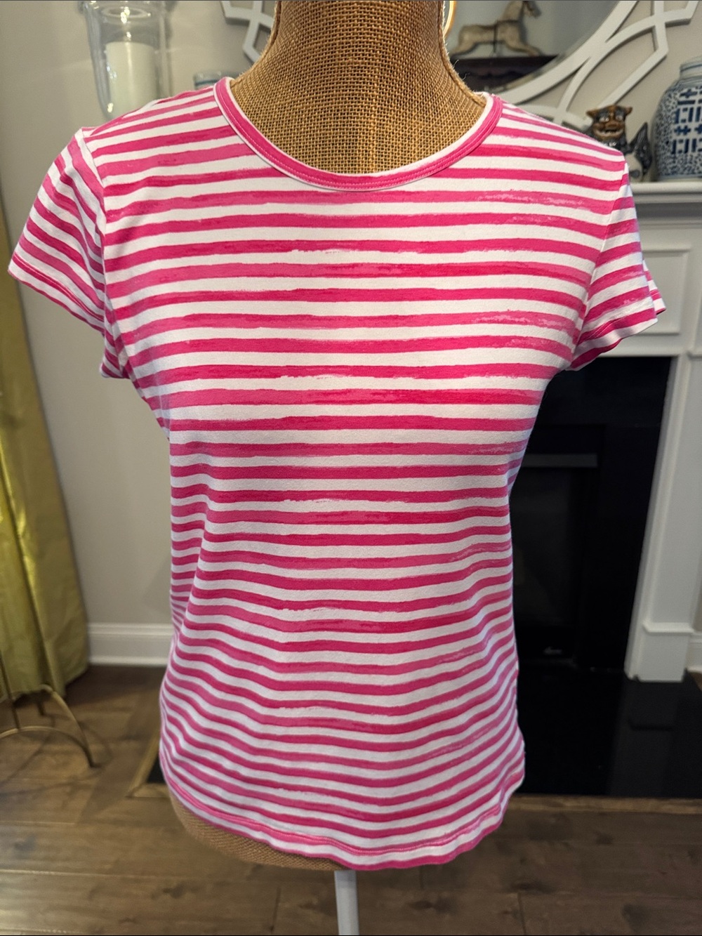 J. McLaughlin Pink and White Striped Short Sleeve Tee